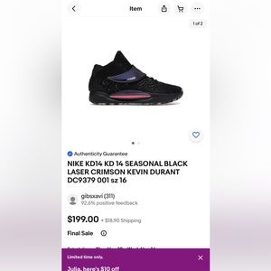 Size 8 - Nike KD 14 Black Laser Crimson